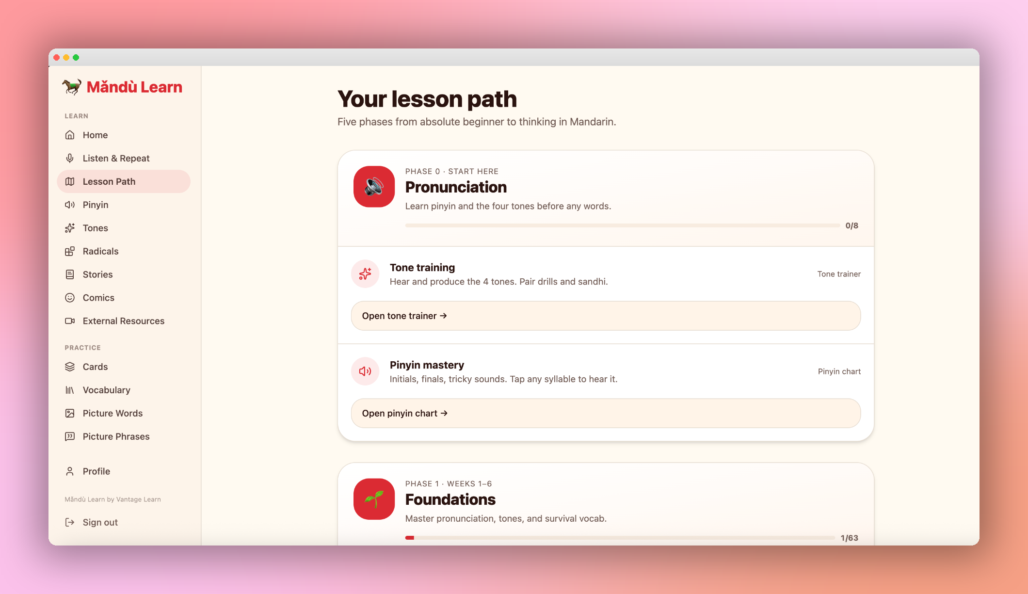 Mǎndù Learn lesson path dashboard
